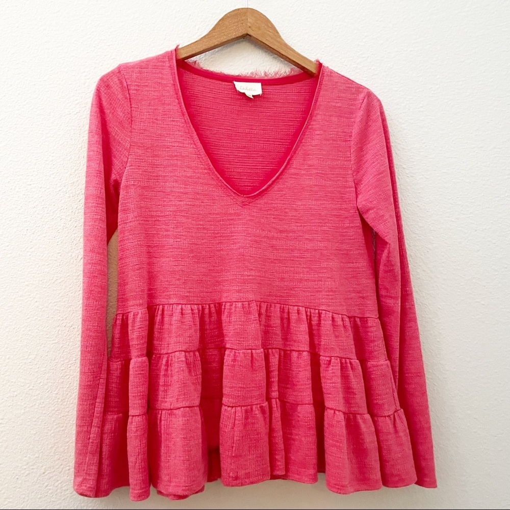Deletta Anthropologie pink ruffle long sleeve V neck top xsmall